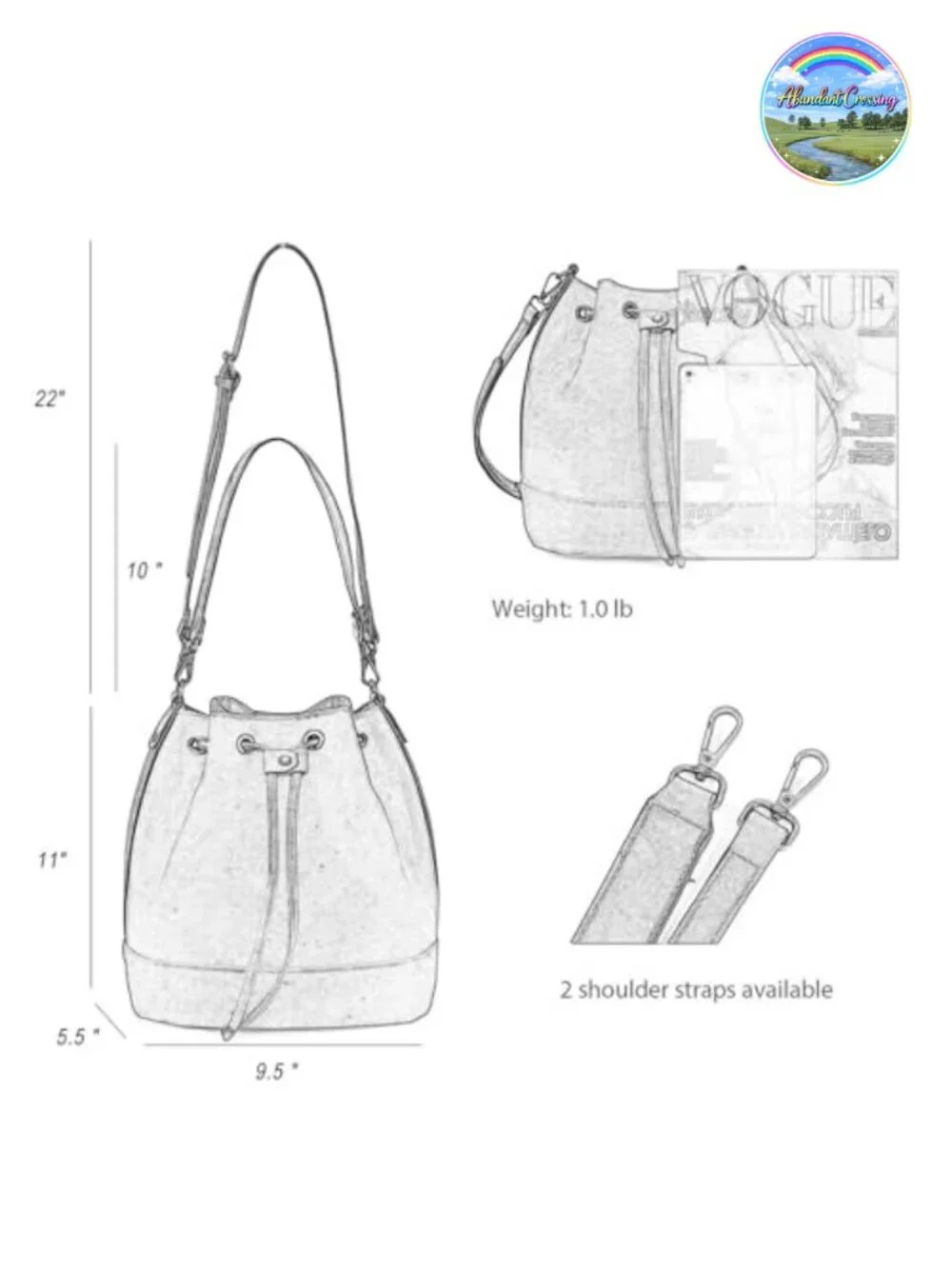 Vegan Suede Bucket Bag Medium Slouchy Shoulder Purse 2 Straps Fits Tablet